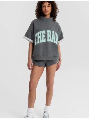 NIB The Bar Highneck Short Sleeve Dark Heather Gray/Mint